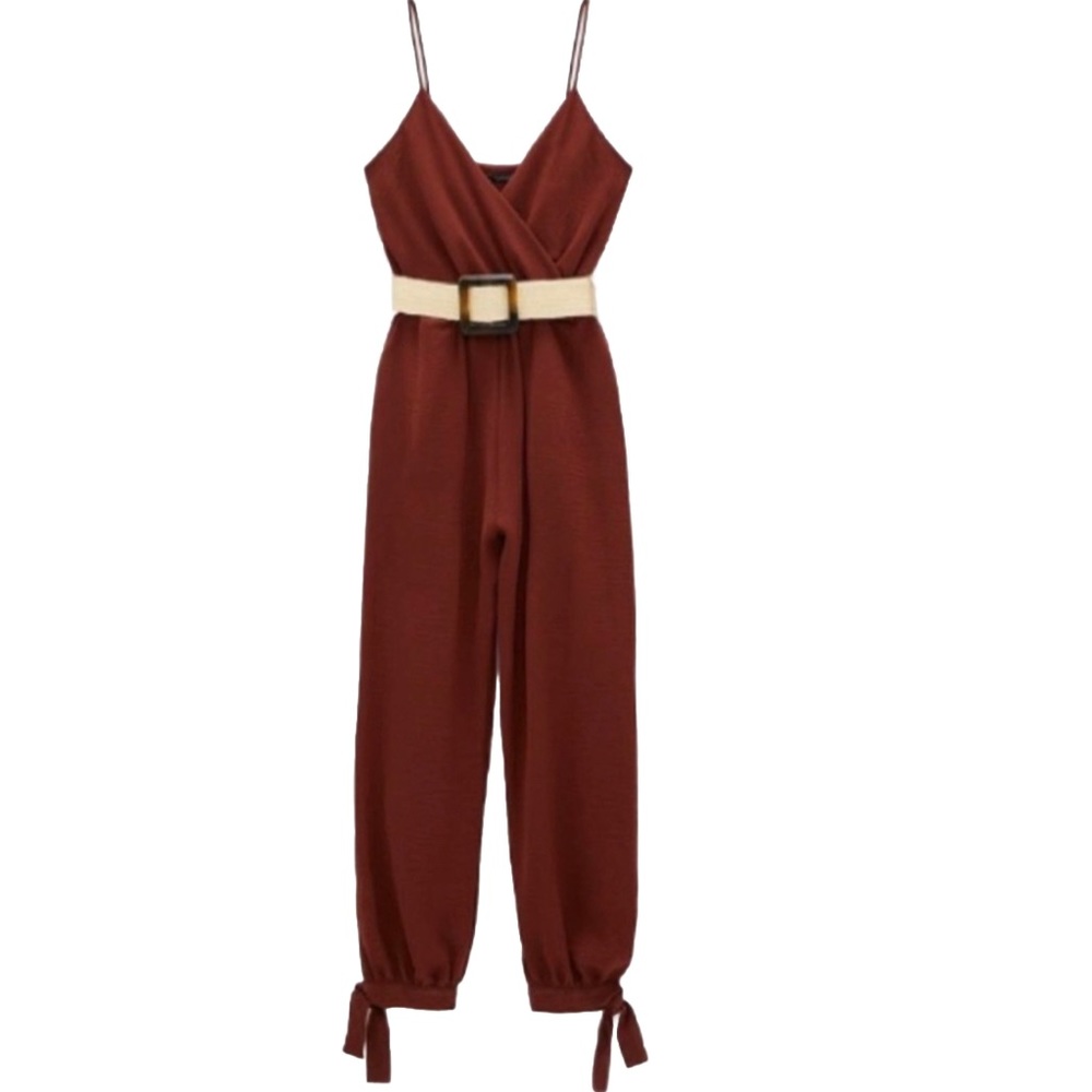 Zara Red Terracotta Jumpsuit Medium | Spaghetti Strap Belted Vacation Outfit